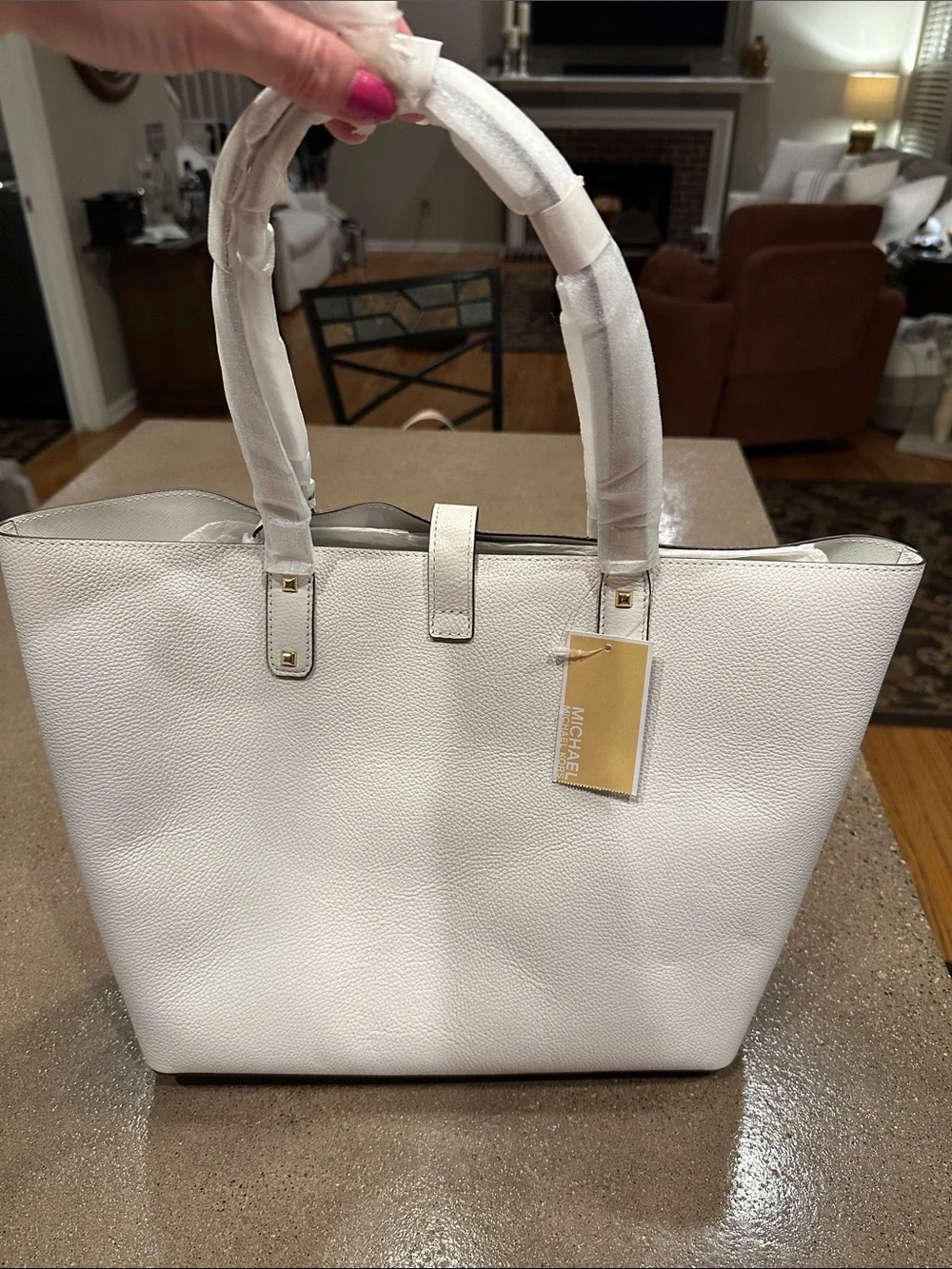Michael Kors White Leather Shoulder Tote with Gold Hardware